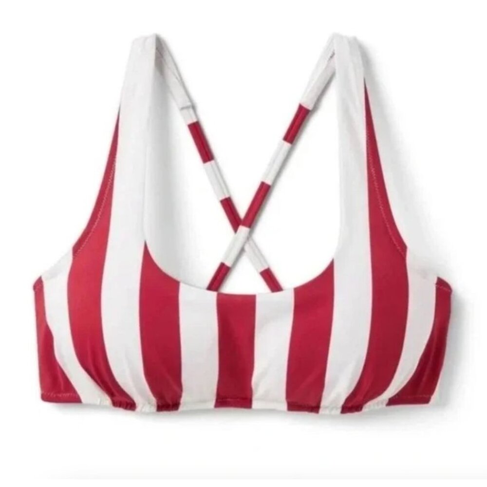SHADE & SHORE BIKINI TOP RED WHITE STRIPED TIE BACK UNDERWIRE WOMEN'S SWIM SUIT